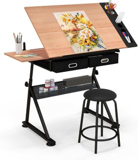 Table à Dessin Inclinable Avec Tabouret,2 Tiroirs, Hauteur Réglable, 61,5 X 119 X (73,5-98) Cm