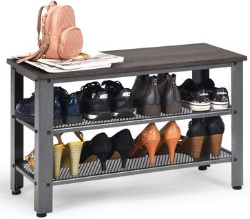 Banc/etagère à Chaussures En Bois+métal,4 Pieds Réglables Anti-rayures 73 X 30 X 45cm,gris