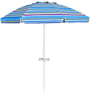 Parasol Pliable 2,2m Mécanisme Inclinable 30° Avec Porte-gobelet Fixation Bleu