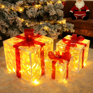 Lot De 3 Boîtes à Cadeaux Lumineuses De Noël LED 8 Modes Avec Télécommande Décoration De Noël