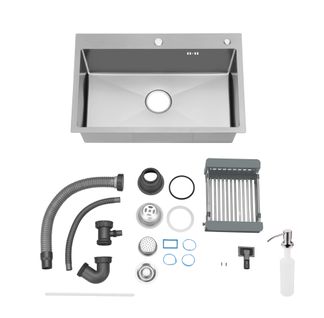 Évier Inox 1 Bac 55x45x19 Cm Argent - Évier Encastrable Moderne, Facile à Nettoyer Avec Panier et