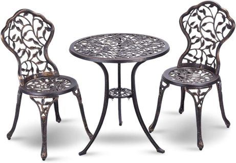Salon De Jardin 3pcs En Fonte Aluminium, Ensemble 2 Chaises Et 1 Table Ronde Style Rétro (brun)