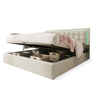Lit Rembourré Coffre LED 140x200 Cm En Blanc Pu Avec Tête De Lit Et Sommier