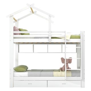 Lit Superposé Cabane Avec Étagère Et 2 Tiroirs 90 X 200 Cm Blanc