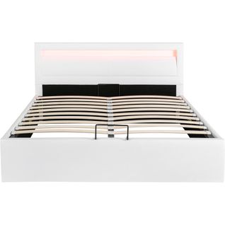 Lit 140x200 Cm Rembourré En Blanc Pu Luxe Avec Coffre Et Éclairage LED