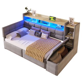 Lit 90 X 190 Cm Avec LED, USB, 2 Tiroirs, 5 Niches Et Banc De Lit Avec Rangement Velours Gris Foncé