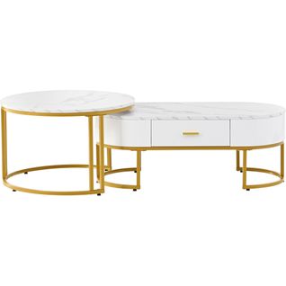Lot De 2 Tables Basses Double Gigogne Blanc - Rondes Ø 70 Cm - Ovale 100 Cm