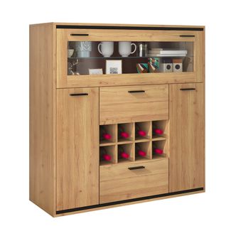 Bar LED 2 Portes 8 Casiers à Bouteilles Décor Chêne Et Métal Noir