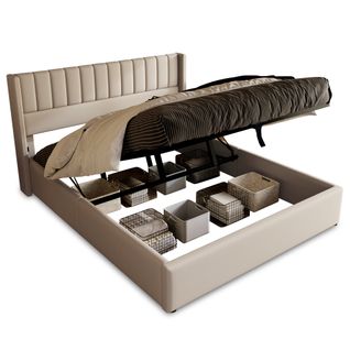 Lit Coffre à Rangement 160 X 200 Cm Lin Beige