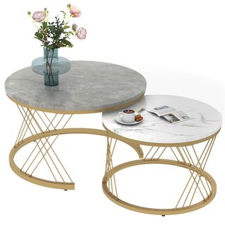 Table Basse Gigogne Moderne Tables Gigognes D'appoint Rondes, Ensemble De 2, Cadre De Couleur Dorée