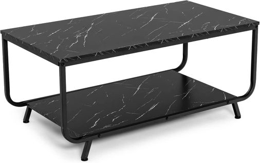Table Basse Moderne En Faux Marbre Noir à 2 Niveaux Avec Étagère