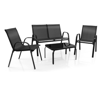 Ensemble Salon De Jardin 4 Pièces En Acier, 2 Fauteuils, 1 Canapé Et 1 Table Basse En Verre, Noir