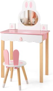 Coiffeuse Pour Enfants 2 En 1 Avec Miroir Amovible Et Tabouret Tiroirs Boîte De Rangement,Rose