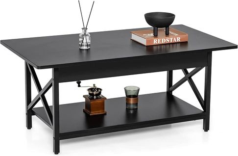 Table Basse à 2 Niveaux, 110 X 60 X 48 Cm, Avec Cadre Métallique En Forme X, Pieds Réglables, Noir