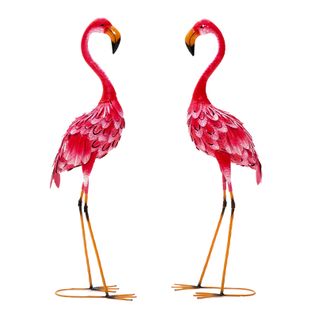 Statue De Flamant Rose Lot De 2 Pour Jardin Cadre En Métal Imperméable Plumes De Couleur