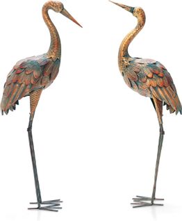 Statue De Grue Debout Lot De 2 Pour Jardin Cadre En Métal Imperméable, Plumes Dégradée