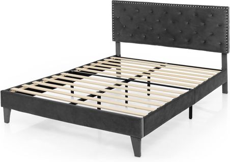 Lit Double Avec Tête De Lit 180x200 Cm, Cadre De Lit Plateforme Tapissé, Charge 450kg, Gris