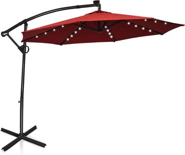 Parasol Déporté Exterieur Lumières LED Solaires 3m, Parasol De Marché à 8 Côtes En Aluminium
