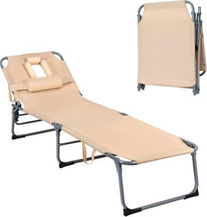 Chaise Longue Pliante Réglable à 5 Positions Avec Appuie-tête Cavité Faciale,charge 150kg, Beige