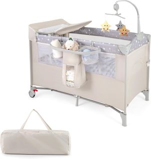 5 En 1 Lit Parapluie Bébé Avec Matelas Et Table à Langer Amovible, Lit Bébé Évolutif (beige)