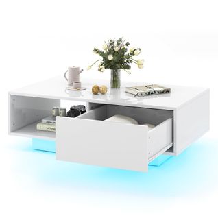 Table Basse Laquée LED 20 Couleurs, Table Basse Blanche Avec Grand Tiroir Et Compartiment, (blanc)