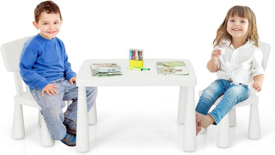 Table Et Chaises Enfants 1-7 Ans Avec Dossier Ergonomique, Charge 50kg, 76,5x54,5x49,5cm, Blanc