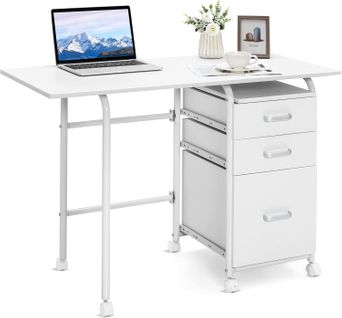 Bureau Pliable Avec 3 Tiroirs, Table D'écriture Roues Verrouillables, Appartement Blanc
