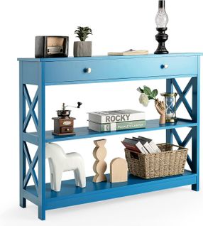 Table Console à 3 Niveaux, Console Entrée 1 Tiroir Et 2 Étagères, Cadre En X, 100x30x80cm Bleu
