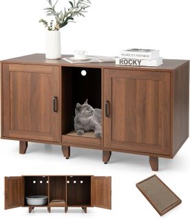 Meuble Litiere Chat En Bois, Planche à Griffer, 6 Pieds  Amovibles, 120 × 52 × 65 Cm, Brun