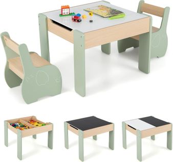 4 En 1 Table Enfants Avec 2 Chaises En Forme D'eléphant, Table Et Chaises En Bois ,tableau Amovible