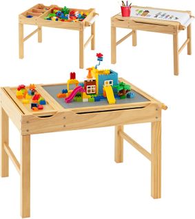 2 En 1 Table De Blocs De Construction Enfants Avec Plateau Réversible,Table Multi-activités,Marron