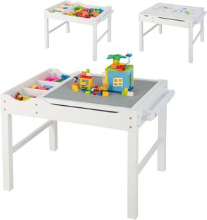 2 En 1 Table De Blocs De Construction Enfants Avec Plateau Réversible,Table Multi-activités,Blanc