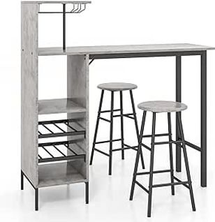 Table Haute Cuisine Avec Tabouret, Mange Debout Industriel Avec Porte-verre Porte-bouteilles,Gris