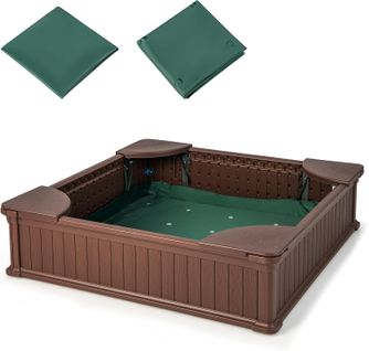 Bac à Sable Enfants Carré En Hdpe Avec 4 Sièges D'angle, Bac à Sable 123,5 X123,5x 31,5cm (marron)