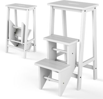 Tabouret Escabeau En Bois D'hévéa Pliant,  Portable, 57 X 41 X 76 Cm (blanc)