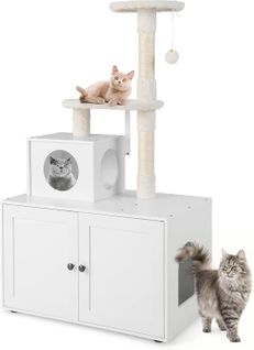 Maison De Toilettes Pour Chat Avec Condo, Meuble à Litière En Bois Pour Chat à Double Porte (blanc)