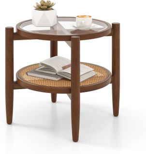 Table D'appoint Ronde En Bois, Bout De Canape Avec Plateau En Verre Trempé, 56 X 56 X 46 Cm