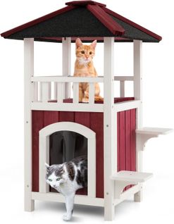 Maison De Chat En Bois Avec Toit Bitumé, Niche Pour Chat à 2 Étages Avec Balcon Et Condo