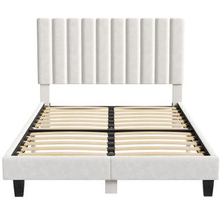 Lit Double Rembourré 140 × 190 Cm - Inre - Avec Sommier En Bois Et Métal, Lit Double , Beige