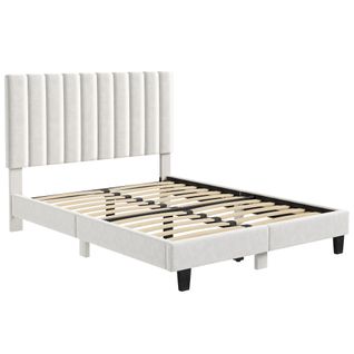 Lit Double Rembourré 140 × 200 Cm - Inre - Avec Sommier En Bois Et Métal, Lit Double , Beige