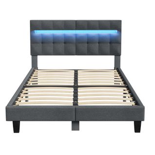 Lit Double 140x190 Cm Inre Avec Tête De Lit En Tissu Et Lampe LEDs - Sommier à Lattes