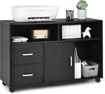 Caisson Bureau 2 Tiroirs, Meuble Rangement Bureau Avec Placard, 3 Compartiments, Placard, Noir