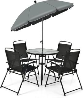 Ensemble Salon De Jardin 6 Pièces, 4 Chaises Pliantes Table Basse En Verre Et Parasol, Cour, Noir