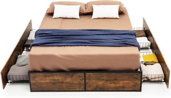 Lit Double Pour Adulte Industriel, 140 X 200 Cm, Structure De Lit Avec 4 Tiroirs Roulants