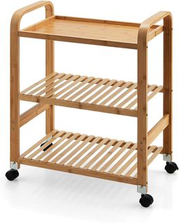 Chariot Roulant En Bambou à 3 Niveaux, Chariot De Service De Cuisine Avec Roulettes Verrouillables