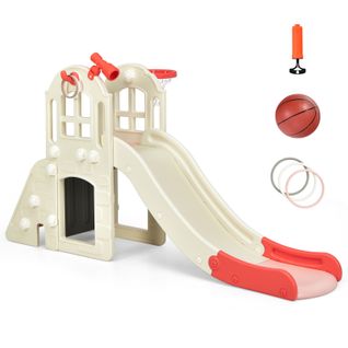 6 En 1 Toboggan Enfants Avec Glisse 140cm et Panier De Basketball, Enfants 3-8 Ans,‎‎orange