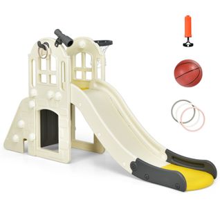 6 En 1 Toboggan Enfants Avec Glisse 140cm et Panier De Basketball, Enfants 3-8 Ans,‎jaune