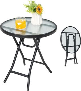 Table De Jardin Bistro Ronde Pliante, Avec Plateau En Verre Trempé, Cadre En Acier Φ46x47,5cm