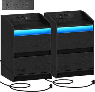 Tables De Chevet Avec Lumières LED,table D'appoint Avec Ports USB Et Prises Électriques, Noir