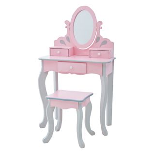 Coiffeuse Enfant En Bois Table Maquillage Avec Miroir Et Tabouret Rose